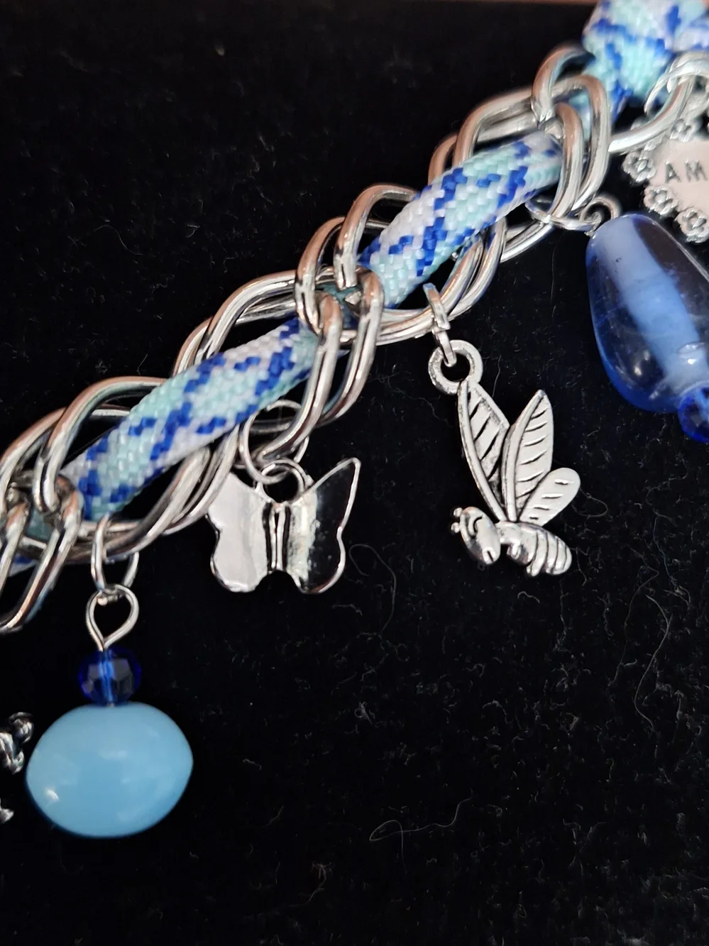 Silver Chain Charm Bracelet with Blue Glass Beads